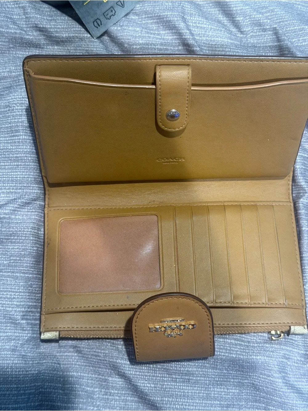 Coach Beige Signature Canvas Wallet with Brown Leather Snap